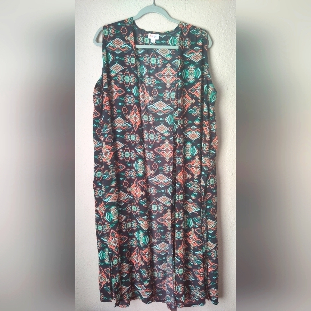 LULAROE Joy Long Sleeveless Vest Duster Cardigan Boho Aztec Pattern size L
